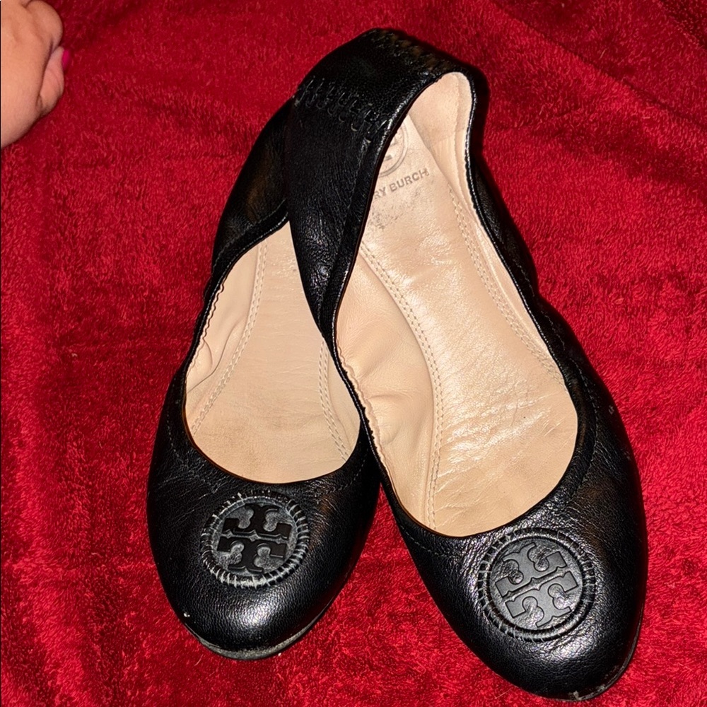 Tory Burch Black Leather Flats with Logo